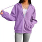 Woman wearing a purple long-sleeved hoodie jacket with oversized hood and adjustable collar, ideal for casual wear and chilly days