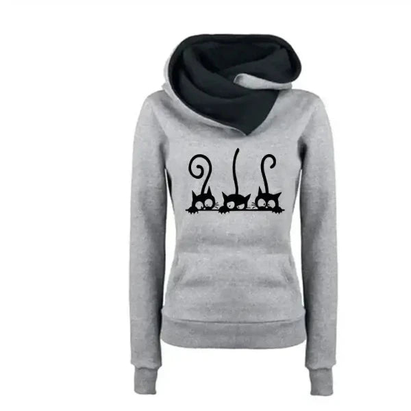 Women’s long sleeve hoodie with a cat design on the front, gray color, perfect for cozy comfort and style during spring season.