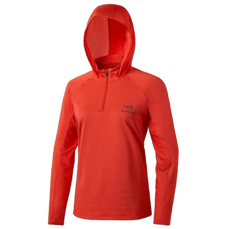 Women’s UPF 50+ Performance Hoodie in red, long-sleeved hoodie with hood and adjustable collar for sun protection and outdoor comfort.