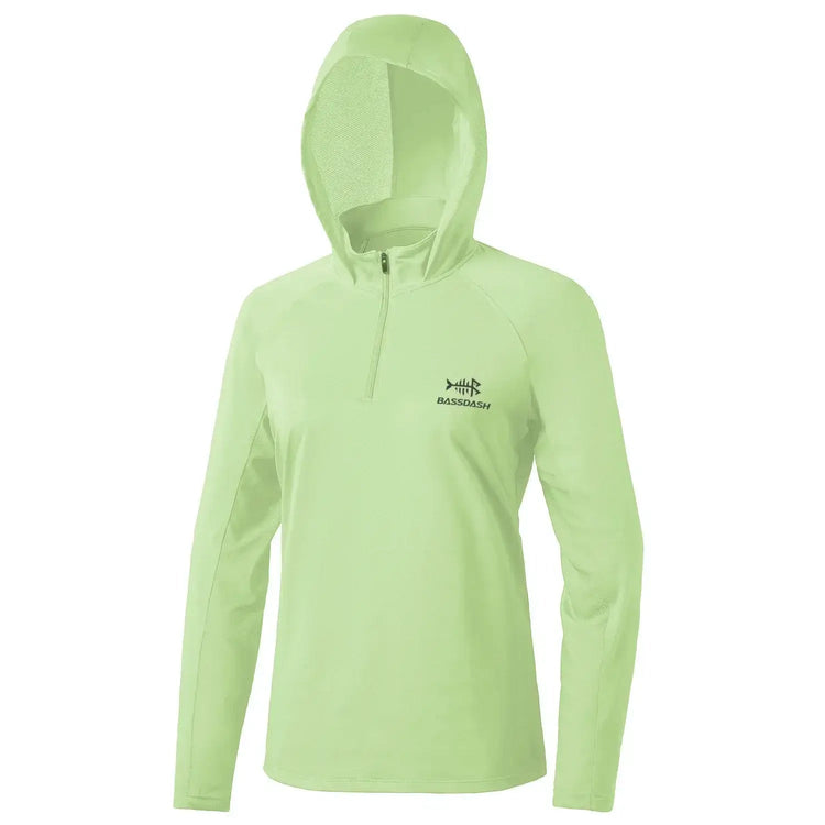 Women’s UPF 50+ Performance Hoodie in light green, long-sleeved, hooded, mock turtleneck, lightweight pullover with adjustable collar from Bassdash.