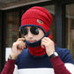 Man wearing red wool slouch beanie with matching scarf, showcasing cozy warmth and style for winter.